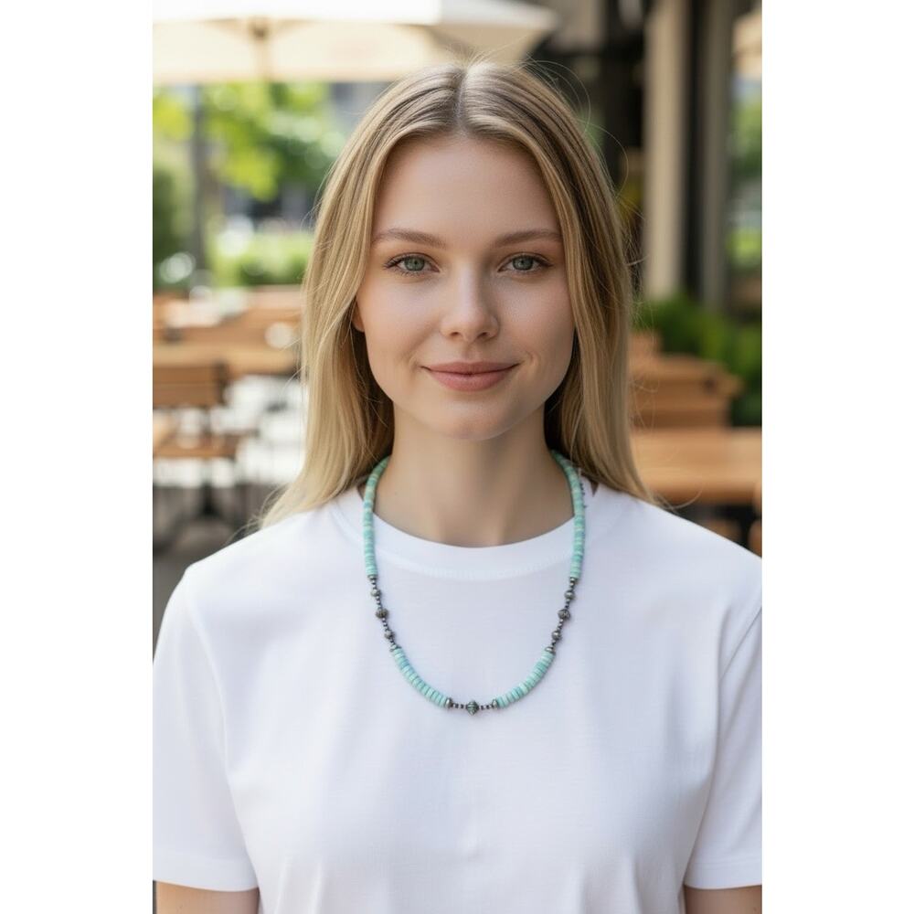 Turquoise Beaded Necklace Sterling Silver Navajo Pearl Style Western Boho 18–20” - Picture 3 of 10